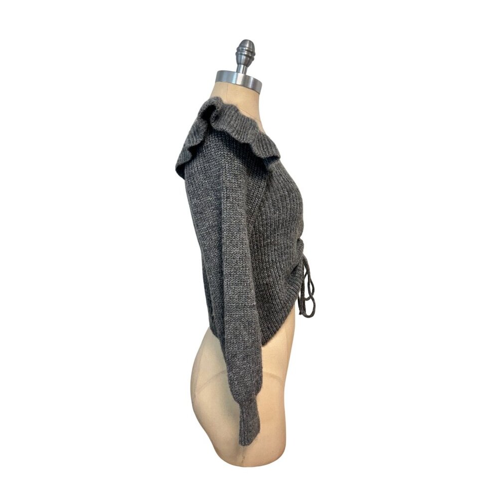 Gray Ruched V-Neck Knit Sweater - Picture 4 of 6